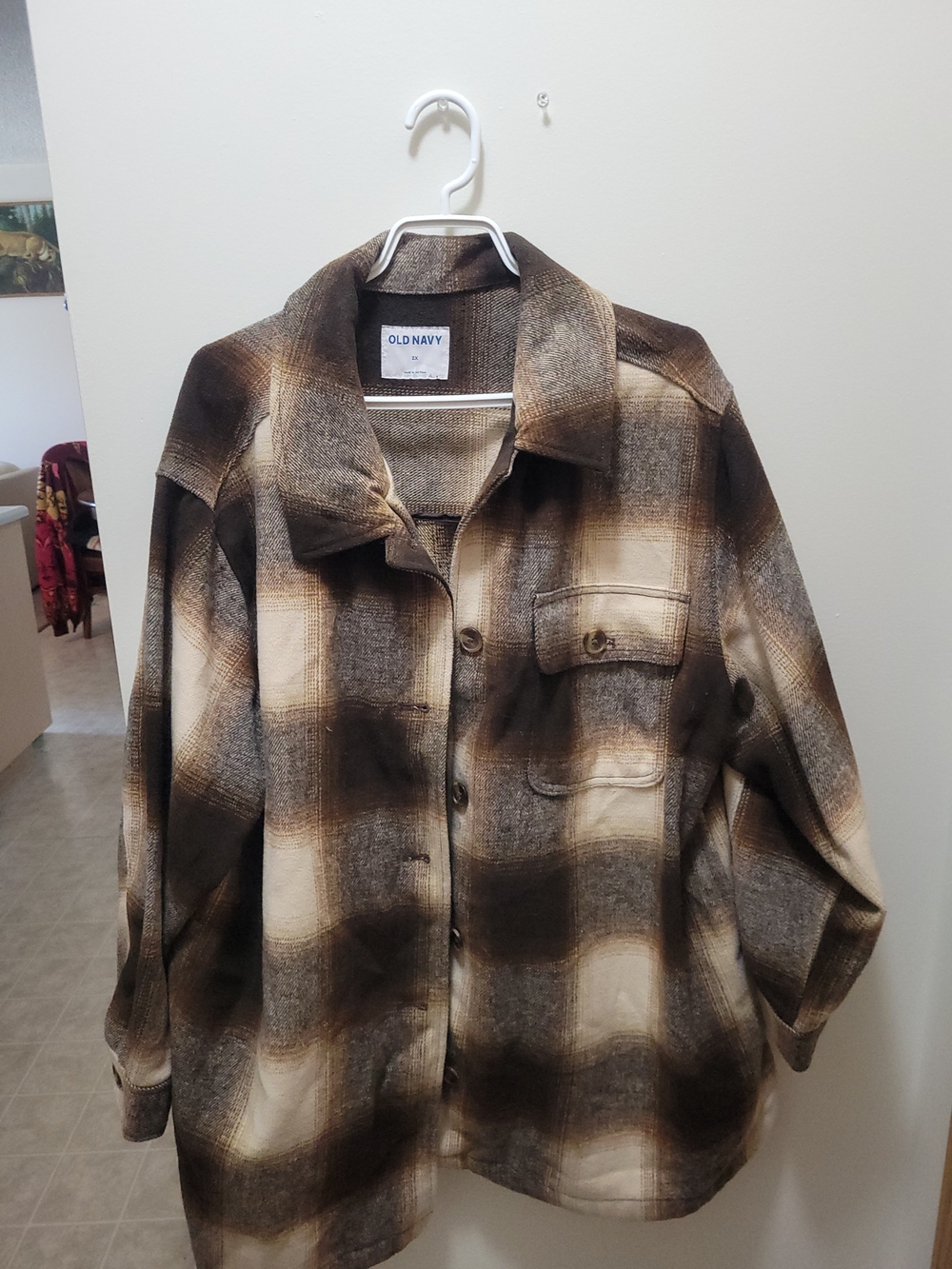 Old Navy Brown & Cream Plaid Button-Up Shacket